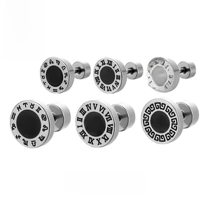 Set of six stainless steel barbell studs with black zodiac and Roman numeral motifs