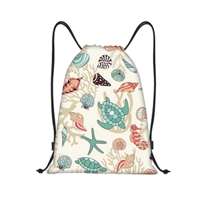 Detail of drawstring bag with sea turtles and seahorse ocean pattern on white canvas