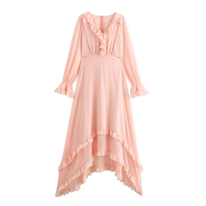 French Elegant V Neck Maxi Dress Chiffon Long Flare Sleeve Ruffle Irregular Hem Solid Color For Women