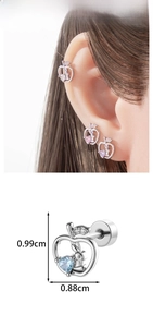 Detail view showing apple-shaped stud earrings with heart stone and bunny, 0.99cm size