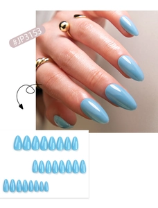 Detail of light blue almond press-on nails with 24 pieces and model hand display
