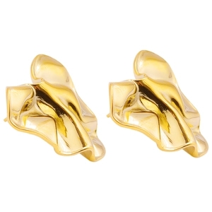 Macro detail of 18k gold plated stainless steel earrings with wavy pleated texture