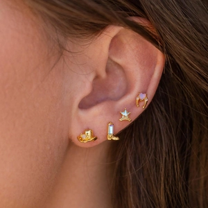Western cowboy earring set with golden hat, boot, sheriff star, and pink heart horseshoe