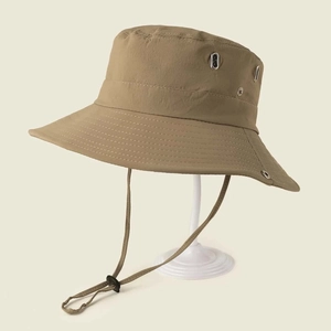 Khaki wide brim sun hat with adjustable chin strap and vents for outdoor hiking and fishing