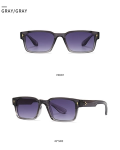 Front and side view of square retro sunglasses with gray frames and purple gradient lenses