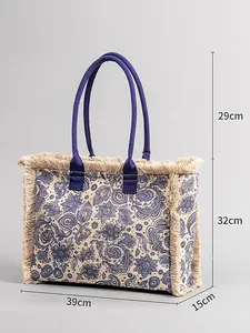 Bohemian canvas tote bag showing dimensions: 32cm height, 39cm width, and 15cm depth