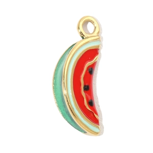 Detail of watermelon slice pendant featuring red enamel and gold-plated stainless steel edges