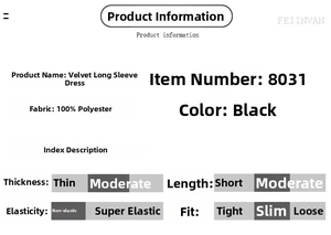 Größentabelle und Stoffdetails für schwarzes Samtkleid mit Langarm und schmaler Passform