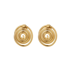 Elegant gold spiral seashell earrings with a polished metallic texture on white background