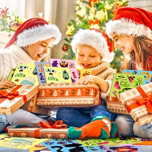 Kids happily playing with colorful Halloween puzzle stickers near a festive tree