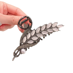 Elegant wheat cat eye stone hair claw clip with rhinestones and white pearl detail
