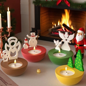 Ensemble de 4 bougeoirs de Noël avec figurines en bois d'ange, bonhomme de neige et sapin