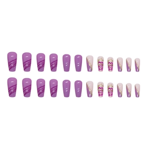 Long coffin purple press-on nails with gold foil accents and wavy line nail art designs