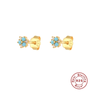 S925 sterling silver mini floral stud earrings with turquoise and diamonds on white background