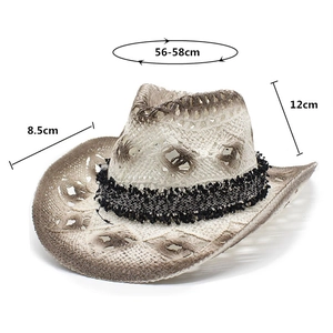 Detail of woven straw cowboy hat with dimensions 56-58cm head size and tassel band