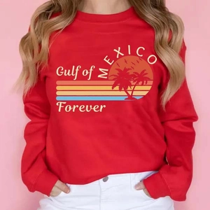 Men Casual Polyester Fleece Hoodie Retro Gulf Of Mexico Sunset Palm Tree Print Pullover Loose Warm Long Sleeve Top