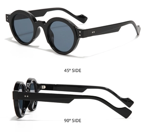 Detalle de gafas de sol redondas retro que muestra ángulos de perfil de 45 y 90 grados
