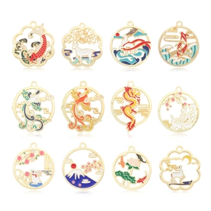 Detailed array of twelve assorted Chinese style gold-plated enamel charms for DIY jewelry