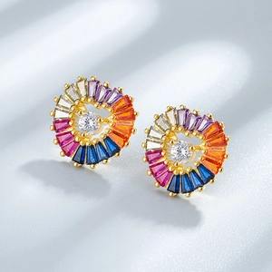 925 sterling silver colorful heart stud earrings with multi-color radial crystals