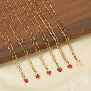 Gold titanium steel necklaces with sweet red and pink strawberry oil pendants