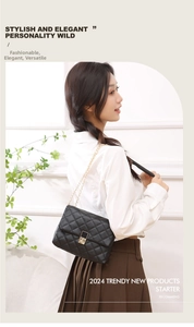 Classic black quilted crossbody bag with gold chain strap shown on a model in a minimal room