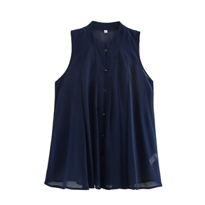 Women Sleeveless Chiffon Blouse Elegant Pleated Lapel Collar Button Up Solid Color Office Business Casual Summer Top