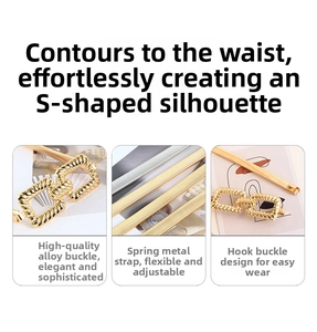 Detailed views of gold elastic spring waist chain with geometric alloy buckle and hook