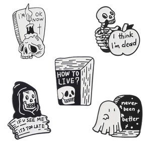 Set of 5 gothic black and white enamel pins with skeleton and ghost skull designs