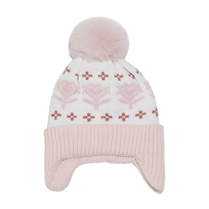 Detailed knit texture and pink flower pattern on a winter earflap hat for girls