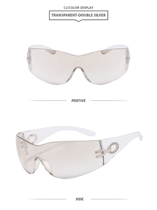 Detail of silver cycling sunglasses with rhinestones and wrap-around sports frame