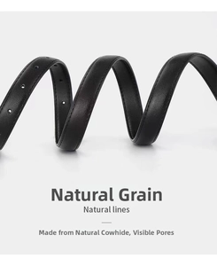 Detailed view of the slim black leather belt showcasing natural texture and premium material.