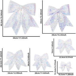 Sparkly white Christmas tree bow ornaments in various sizes with clear dimension charts
