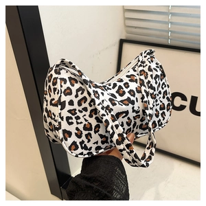 Detailed view of trendy leopard print handbag with zip closure and canvas texture