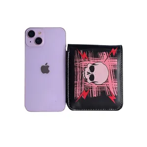 Short vintage skull wallet with pink lightning print and smartphone for size scale