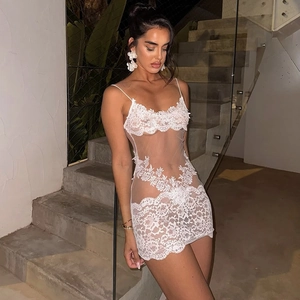 Détail d'une mini robe en dentelle blanche transparente avec broderie florale sur modèle