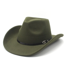 Detail of dark green western cowboy hat featuring black leather band and silver buckle