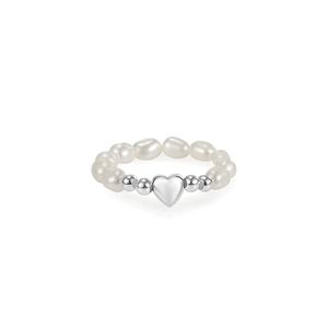 Baroque pearl stretch ring with silver heart bead and polished metal accents