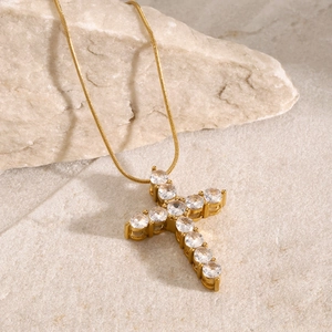 18k gold plated stainless steel cross pendant necklace with white zircon stones