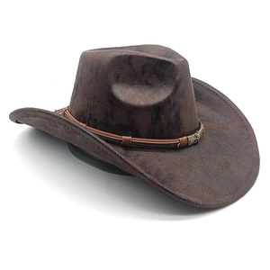 Detail of dark brown faux suede cowboy hat with braided rope and skull metal buckle