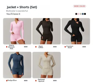 Close-up of seamless yoga set featuring hooded zipper jackets and high-waist sports shorts