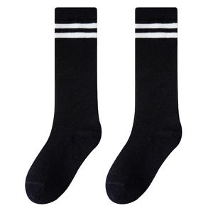 Classic black knee high kids socks with white double stripes in breathable mesh knit