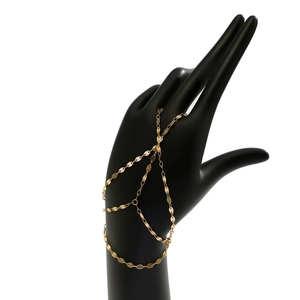Detail view of a gold chain hand harness featuring oval links on a black hand model
