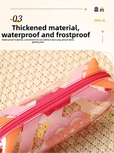 Detail of waterproof PVC travel pouch showing smooth zipper and printed SUPER lettering
