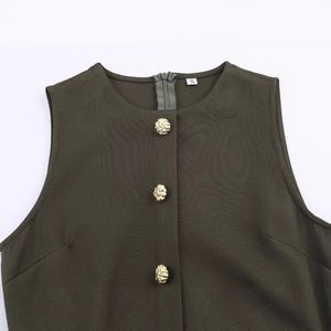 Olive green sleeveless midi dress with decorative gold embossed buttons and waist belt