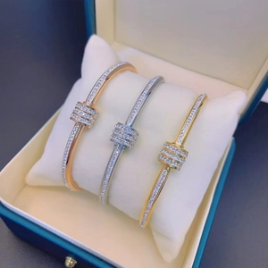 Three-tone titanium steel open bracelets with sparkling crystals in gold and rose gold