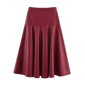 Faltenrock Midi Aus Kunstleder Hohe Taille A-Linie Eleganter Einfarbiger Schicker Streetwear Für Damen