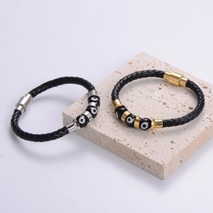 Men Braided Leather Bracelet Evil Eye Beads Stainless Steel Magnetic Clasp Punk Gothic Style Jewelry