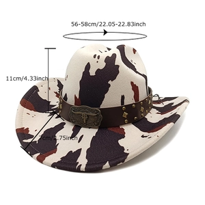 Western wool cow print cowboy hat with vintage metal bull head and leather rivet band