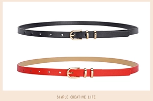 Detail of slim black and red leather belts with golden pin buckles on white background