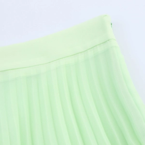 Elegant light green satin midi skirt with pleated texture and invisible side zipper detail